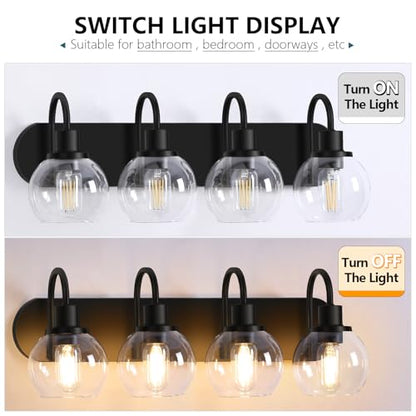 Dpyrrhic Industrial Bathroom Vanity Light， 4-Light Bathroom Lights Over Mirror with Clear Glass Globe Shade and Metal Base, Matte Black Bathroom Vanity Light Fixture - color: Black, size: 4-Light