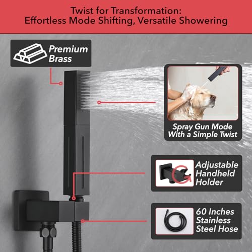 VANFOXLE Shower System, Matte Black Shower Faucet Set, Four Modes | 10 Inch Ceiling Mount Head Increased Thick, 6 Inch Second Head, 2-in-1 Handheld Combo, 4 PCS Dual Mode Body Jets, Brass Valve - color: Matte Black