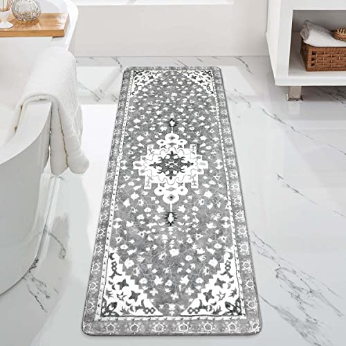 Uphome Boho Vintage Bathroom Rug Runner Gray Non-Slip Soft Long Bath Mat Machine Washable Oriental Bathroom Mats Traditional Tribal Floral Bath Rugs for Sink Shower Tub, 20x59 inch - color: Grey, size: 20x59 inch