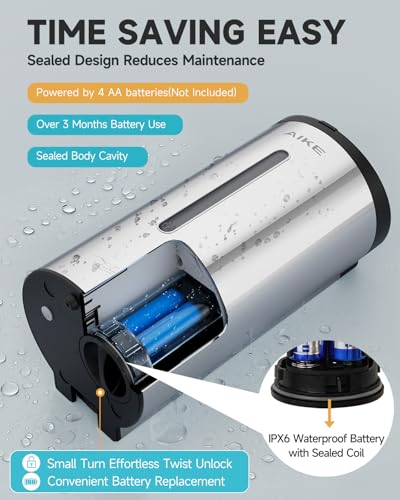 AIKE Automatic Liquid Soap Dispenser,25oz Capacity for Bathroom,Polished | No-Drill and Screw Wall Mount Install Design for Space-Saving,4*AA batteries(Not Included) Ensure Long Standby,Model AK1205E - color: Polished Stainless Steel