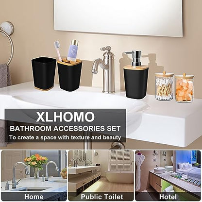 XLHOMO Bathroom Set Black Bathroom Trash Can, 9 Piece Bathroom Decor Toothbrush Holder, Cup, Lotion Dispenser, Tray, Soap Dish, Toilet Brush, Qtip Holder - size: Bath Set, style: Black