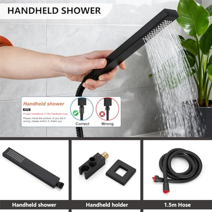 Midanya Shower System with Tub Spout,Bathtub Shower Faucet Set with Square Rainfall Head and Handheld Sprayer Wall Mount Tub Faucet Set with Valve and Trim Kit,16 Inch Matte Black - color: Matte Black, size: 16 Inch