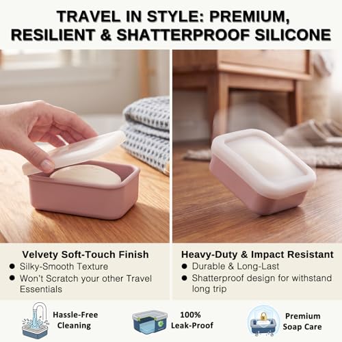 HighHerz Compact Leak Proof Silicone Travel Soap Case with Draining Tray - Portable Bar Soap Container - 2026 Upgrade Travel Essentials for Camping, Gym & Shower (Clear Pink) - color: Clear Pink