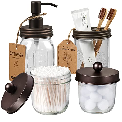 Amolliar Mason Jar Bathroom Accessories Set(4 Pack) -Bronze-Lotion Soap Dispenser&Qtip Holder Set&Toothbrush Holder-Rustic Farmhouse Decor Apothecary Jar Bathroom Countertop,Vanity Organize (Bronze) | Lotion Soap Dispenser, 2 Qtip Holder Set, Toothbrush H