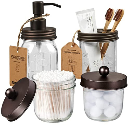 Amolliar Mason Jar Bathroom Accessories Set(4 Pack) -Bronze-Lotion Soap Dispenser&Qtip Holder Set&Toothbrush Holder-Rustic Farmhouse Decor Apothecary Jar Bathroom Countertop,Vanity Organize (Bronze) | Lotion Soap Dispenser, 2 Qtip Holder Set, Toothbrush H