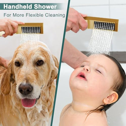 STARBATH Shower Faucet Set Shower System with Diverter Valve, Brushed Gold | 12 Inch Rain Shower Head, 6 Inch Wall Mount Shower Head and Handheld Spray for Two Person, Luxury Shower Sets Complete - color: Gold, size: 12"+6"-01