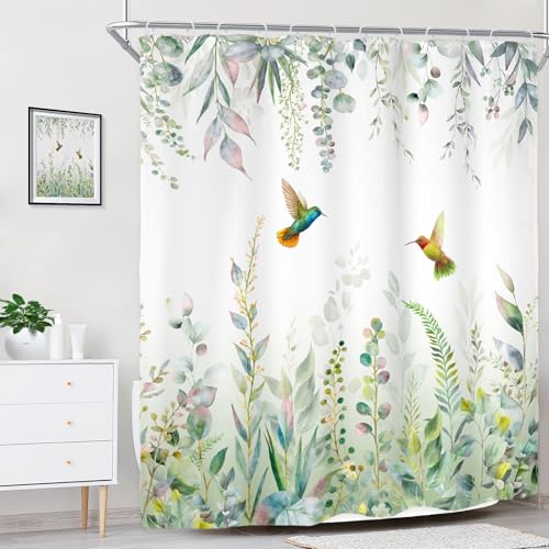 Sage Green Eucalyptus Spring Hummingbird Plants Bathroom Shower Curtain Set | 60"W x 72"H Botanical Emerald; waterproof HD print, quick-dry fabric with 12 free hooks for easy hanging. - color: A-sage Green, size: 60"W x 72"L (Pack of 1)