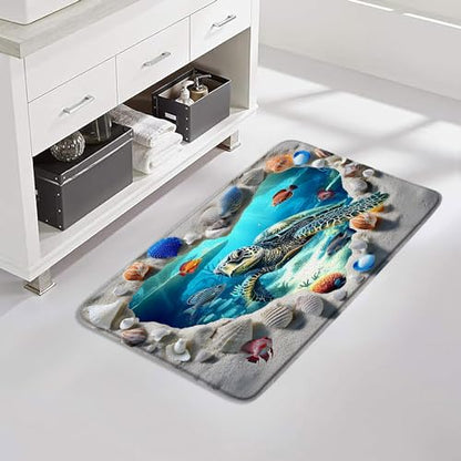 Sea Turtle Bath Mat Bathroom Rug, Ocean Beach Shell Underwater World Tropical Fish Summer Memory Foam Bathroom Kitchen Bedroom Livingroom Soft Floor Rug, 24"x35" - size: 24x35 Inch(60x90CM)
