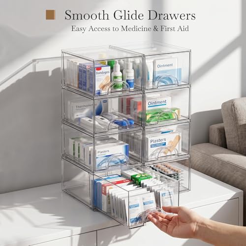 8 Pack Small Clear Stackable Acrylic Storage Boxes & Drawers | Storage Organizer, Clear Plastic Makeup Organizer, Ideal for Vanity, Cabinet, Desk Organization, Art Tool & Sketch