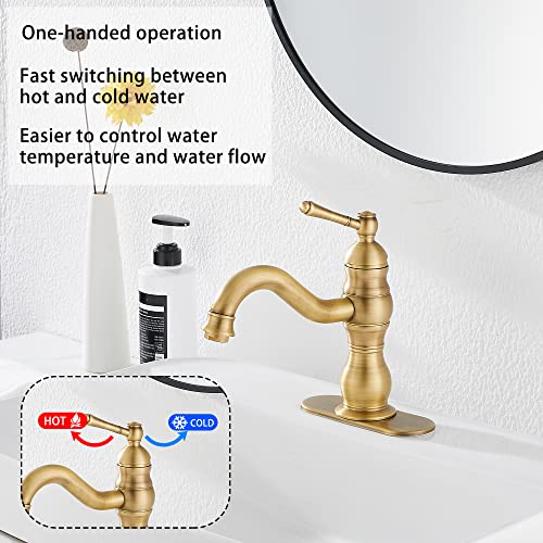 Antique Brass Bathroom Faucet GGStudy 360° Swivel Bathroom Vanity Faucet Single Handle One Hole Bathroom Sink Faucet Basin Matching Pop Up Drain with Overflow - color: Antique Brass, size: Short