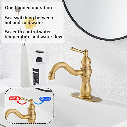Antique Brass Bathroom Faucet GGStudy 360° Swivel Bathroom Vanity Faucet Single Handle One Hole Bathroom Sink Faucet Basin Matching Pop Up Drain with Overflow - color: Antique Brass, size: Short