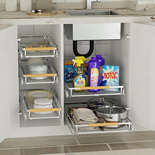 SANNO Pull Out Cabinet Organizer, Heavy Duty Steel Metal cabinet drawers slide out, Expandable Slide Out Shelves Requires At Least 23.1 to 39.9" W Cabinet Opening - color: Chrome-2pack, size: XL 23.1~39.9" W x 22.5" D