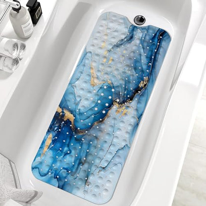 Marble Bath Tub Mat Non Slip, Blue Marble Non Slip Bath Mat for Shower, Large Washable Shower mats for Showers with Drain Holes and Suction Cups,40 X 16 Inch - color: Blue Marble
