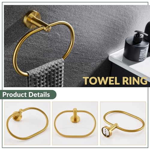 Brushed Gold Bathroom Hardware Set, 2 Pieces, 304 Stainless Steel | Rustproof for Bathroom Restroom Sink, 180° swivel towel ring, Toilet Paper Holder Fits Most Roll Size, Drilling Wall Mounted - color: Brushed Gold Oval Shape