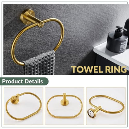 Brushed Gold Bathroom Hardware Set, 2 Pieces, 304 Stainless Steel | Rustproof for Bathroom Restroom Sink, 180° swivel towel ring, Toilet Paper Holder Fits Most Roll Size, Drilling Wall Mounted - color: Brushed Gold Oval Shape