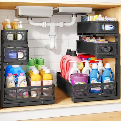 Under Sink Organizer, 3-Tier Thickened Metal Pull out Cabinet Organizer Shelf, Height Adjustable Slide out Storage Drawer Rack for Kitchen Bathroom Pantry Laundry Home Organization, 2-Pack, Black | 35% More Storage Capacity, Carbon Steel, Hold Up 55lbs, S