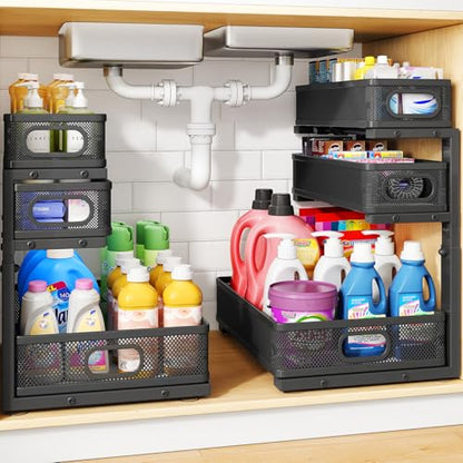 Under Sink Organizer, 3-Tier Thickened Metal Pull out Cabinet Organizer Shelf, Height Adjustable Slide out Storage Drawer Rack for Kitchen Bathroom Pantry Laundry Home Organization, 2-Pack, Black | 35% More Storage Capacity, Carbon Steel, Hold Up 55lbs, S