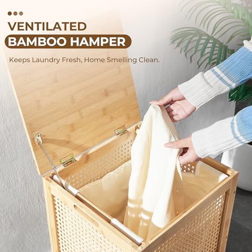 TIOPGHAD Bamboo Wicker Laundry Hamper with Lid, 13 Gal, Natural | Woven wicker, bamboo frame, removable cloth bag, wooden handles, lidded rectangular design, 13.8 x 12.6 x 23.6 in