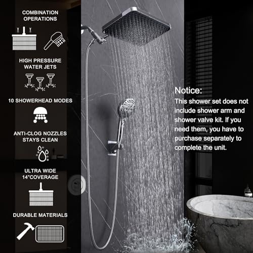 Rainfall Shower Head with Handheld, 14 Inch Rain Shower Head Combo,High Pressure Fixed Showerhead and 10 Spray Settings Handheld Shower Heads,Bathroom Accessories,Chrome - style: Basic