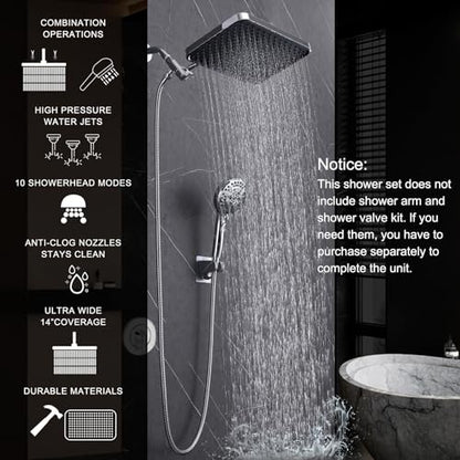 Rainfall Shower Head with Handheld, 14 Inch Rain Shower Head Combo,High Pressure Fixed Showerhead and 10 Spray Settings Handheld Shower Heads,Bathroom Accessories,Chrome - style: Basic