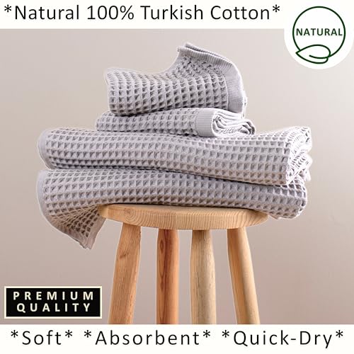 PÜSKÜL Natural 100% Turkish Cotton Waffle Towels Set of 4-Piece, L.-Gray | 2-Bath sheet (Extra-large 32x63") and 2-Hand towel (Large 32x16"). Premium honeycomb-waffle weave, oeko-tex made in Turkiye. - color: Gray
