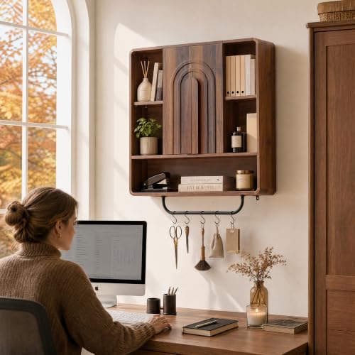 weselon 31.5" Bathroom Medicine Cabinet with Storage, Wall Mounted Over Toilet Cabinet with Towel Bar & 5 Hooks, Arched Fluted Double Doors, Adjustable Shelves & Open Storage (Walnut)