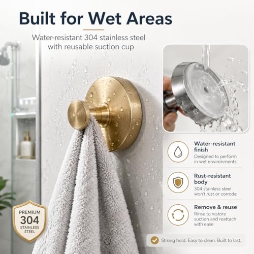 Suction Cup Hooks Removable Shower Hooks, 4Pcs Metal Towel Hooks for Bathroom Window Glass Wall Door Can Hang Various Towels Bath Towels Keychains, Gold Front Door Wreath Hanger, No-Drill Waterproof - color: Gold