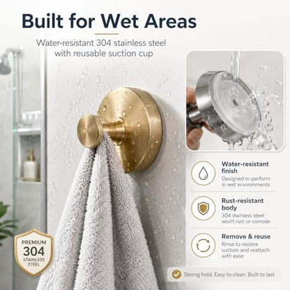 Suction Cup Hooks Removable Shower Hooks, 4Pcs Metal Towel Hooks for Bathroom Window Glass Wall Door Can Hang Various Towels Bath Towels Keychains, Gold Front Door Wreath Hanger, No-Drill Waterproof - color: Gold