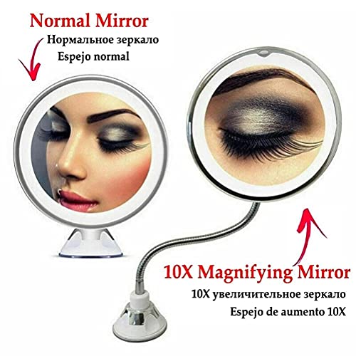 Makeup Mirror with LED Light and Suction Cup 360 Degree Swivel Flexible Gooseneck 10X Magnifying Mirror Travel and Home Bathroom Vanity Mirror (White)