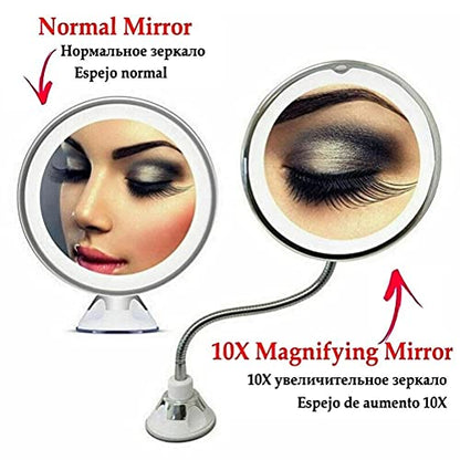 Makeup Mirror with LED Light and Suction Cup 360 Degree Swivel Flexible Gooseneck 10X Magnifying Mirror Travel and Home Bathroom Vanity Mirror (White)