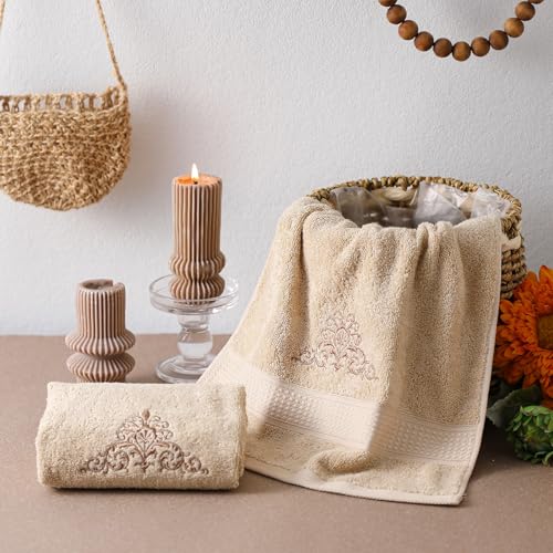 SmoothNovelty 2 Pcs Damascus Hand Towels Brown Farmhouse Bathroom Decor 14x29 Inch Embroidered 100% Cotton Soft Absorbent Spring Summer Decorative Hand Towels for Bathroom Kitchen - style: Damascus