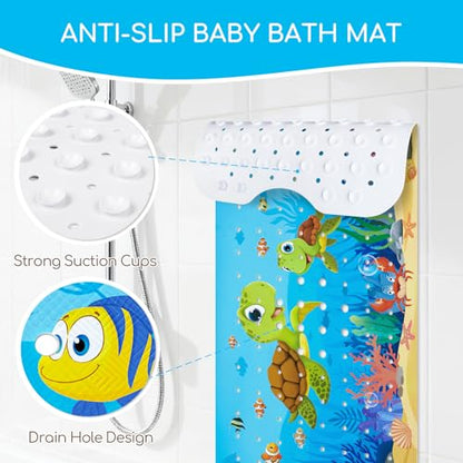 Baby Bath Mat for Tub, Non Slip Kids Bath Shower Mat, Turtle | 40 X 16 Inch Large Bathtub Mat with Drain Holes and Suction Cups for Toddlers · Machine Washable and Waterproof - color: Turtle