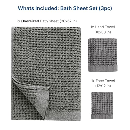 ONSEN Supima® Waffle Bath Sheet Set, Quick Dry Lint Free 100% USA Cotton, Large Bath Sheet Hand and Face Towel Bundle, 3 Piece (Cinder Grey, Bath Sheet Set) - color: Cinder Grey, size: Bath Sheet Set