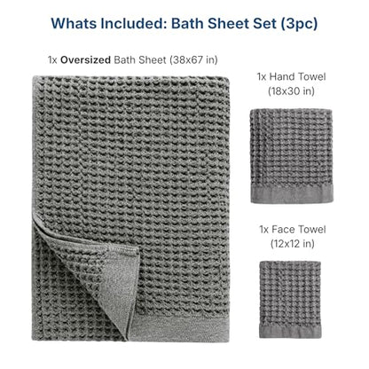 ONSEN Supima® Waffle Bath Sheet Set, Quick Dry Lint Free 100% USA Cotton, Large Bath Sheet Hand and Face Towel Bundle, 3 Piece (Cinder Grey, Bath Sheet Set) - color: Cinder Grey, size: Bath Sheet Set