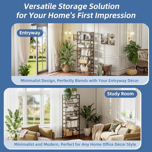 HITNET Bookcase, Bamboo Bookshelf, 6-Tier Adjustable Tall Open Book Shelf, Free Standing Storage Shelves Organizer, Flower Plant Display Stand, Walnut - color: Walnut