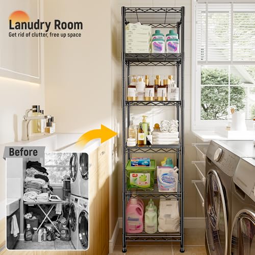 DurayLoly 15.8" W 6-Tier Narrow Wire Shelving, Adjustable Shelves, Kitchen | Slim 63"Hx11.8"D, 211lbs capacity, Leveling feet+anti-tip, Rustproof, Tool-free assembly, For kitchen, bath, laundry, pantry - size: 15.8"W x 11.8"D x 63"H