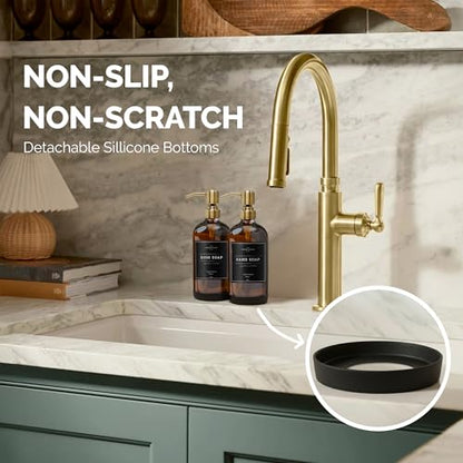 Vine Creations Amber Glass Soap Dispenser, 2 Pack Kitchen Soap Dispenser Set with Stainless Steel Pump, 16 oz Dish Soap and Hand Soap Dispensers for Bathroom with Waterproof Labels and Protective Pads - color: Amber Bottle / Brushed Brass Pump