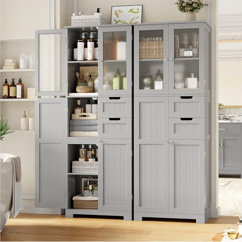 BOTLOG 67'' Tall Bathroom Storage Cabinet with Adjustable Shelf | Frosted Glass Doors, Wood Drawers, Kitchen Pantry Line Cabinet for Kitchen Bathroom, Living Room, Grey - color: Light Grey