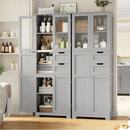 BOTLOG 67'' Tall Bathroom Storage Cabinet with Adjustable Shelf | Frosted Glass Doors, Wood Drawers, Kitchen Pantry Line Cabinet for Kitchen Bathroom, Living Room, Grey - color: Light Grey