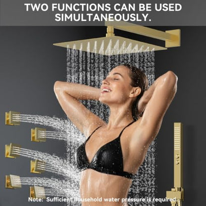 Brushed Gold Shower System with Body Jets, STARBATH 12 Inch Rainfall Shower System and 2 in 1 Handheld Spray Shower Jets System in Wall, Complete Wall Mounted 3 Way Shower Faucet Set with Valve Kit - color: Gold, size: 12"-03