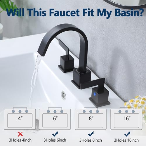 Friho Matte Black Waterfall Bathroom Faucet, 8 Inch Widespread 3 Hole Sink Faucet with 2 Handles, Pop-up Drain & Supply Lines, Stainless Steel Vanity Faucet for Bathroom - style: Thin Square