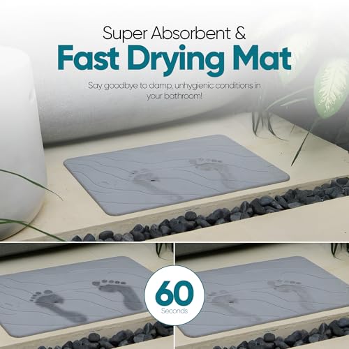 HALAS Stone Bath Mat- Diatomaceous Earth Bath Mats for Bathroom- Diatomite Bath Mat Stone Drying Mat for Kitchen Counter- Super Absorbent/Quick Dry Bathmat- Easy to Clean (24”x16” Grey)