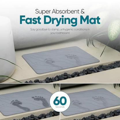 HALAS Stone Bath Mat- Diatomaceous Earth Bath Mats for Bathroom- Diatomite Bath Mat Stone Drying Mat for Kitchen Counter- Super Absorbent/Quick Dry Bathmat- Easy to Clean (24”x16” Grey)