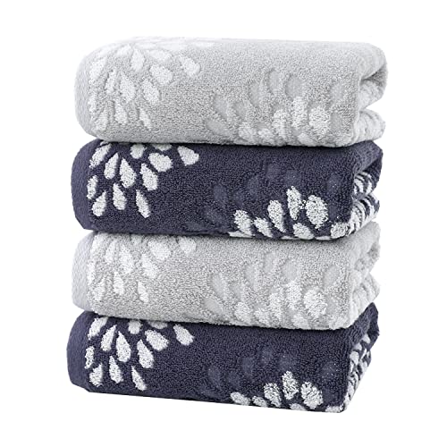 Pidada Hand Towels Set of 4 Hydrangea Floral Pattern 100% Cotton Absorbent Soft Decorative Towel for Bathroom (Light Grey & Denim Blue) - color: 2 Light Grey & 2 Denim Blue