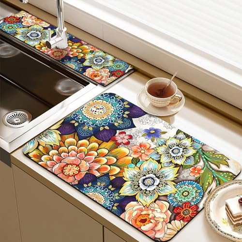 19.5" x 12" Dish Drying Mat & 24" x 5.5" Sink Splash Guard, Super Absorbent Drainer Rack Mat for Kitchen Counter Coffee Bar - color: Purple, size: 19.5"*12"+24"*5.5"