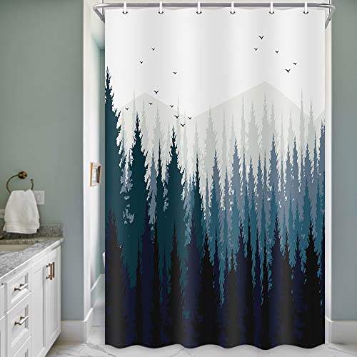 JAWO Stall Shower Curtain Fabric 36 X 72 Inch, Rustic Mountain Forest Scenery Small Shower Stall Curtain Bathroom Set with Hooks - color: Blue, size: 36"W x 72"L (Pack of 1)