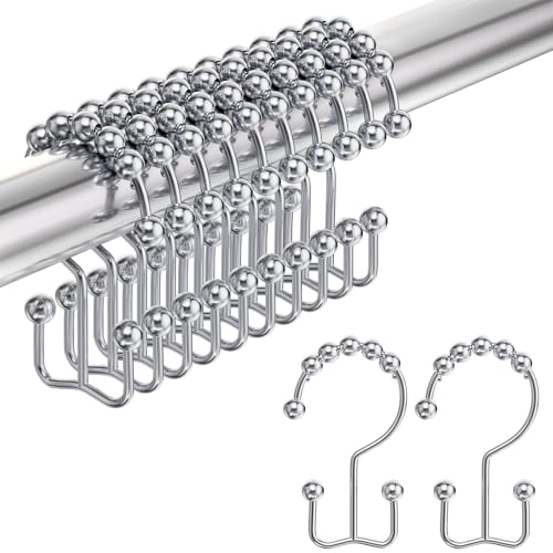 Shower Curtain Hooks Rings, Rust-Resistant Stainless Steel Double Shower Curtain Hooks, Shower Hooks for Shower Curtain and Liner Bathroom, Set of 12, Chrome - color: Polished Chrome, style: Double Hooks