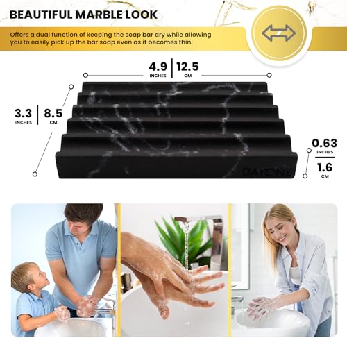 DAYONE Holder with Marble Look - Soap Dish with Soap Saver Ridges Rectangle Bar Soap Holder with Non Slip Feet - Soap Tray for Bathroom, Sink, Kitchen, and SPA (Black) - color: Black