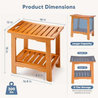 DUMOS Wooden Shower Bench, 18" Waterproof Shower Stool for Inside Showers | Non-Slip Bathroom Bench with Shelf & Handles for Senior Adult, Disabled Elderly, 300 LBS Capacity, Brown - size: 18"W