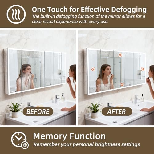 96x40" Extra-Wide Smart LED Medicine Cabinet, Outlets, Anti-Fog, Bathroom | Surface-Mount/Recessed, Double-Sided Mirror Cabinet, 3-Color Dim, 10 Bright Levels, DTC Soft-Close, Adjustable Shelfs - size: 96"Wx40"H